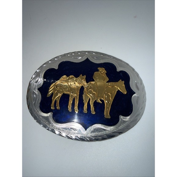 German Or Alpaca Silver Belt Buckle Hencho In Mexico Gold Rider Not Used A26 - Picture 2 of 4